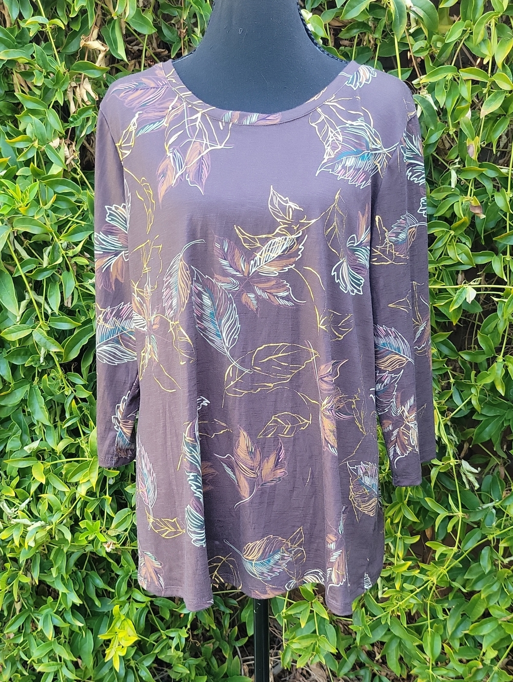 Christopher & Banks Chocolate Brown Gold  Leaf-Print Top L